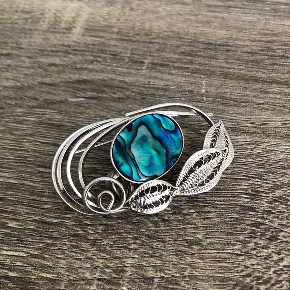 Vtg Abalone Filigree Leaf Detailed Brooch - Picture 11 of 12